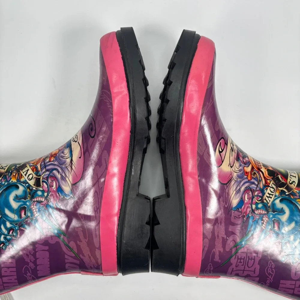 VTG Y2K Ed Hardy Women 6 Rain Boots Purple Pink Tattoo Print Love Kills slowly